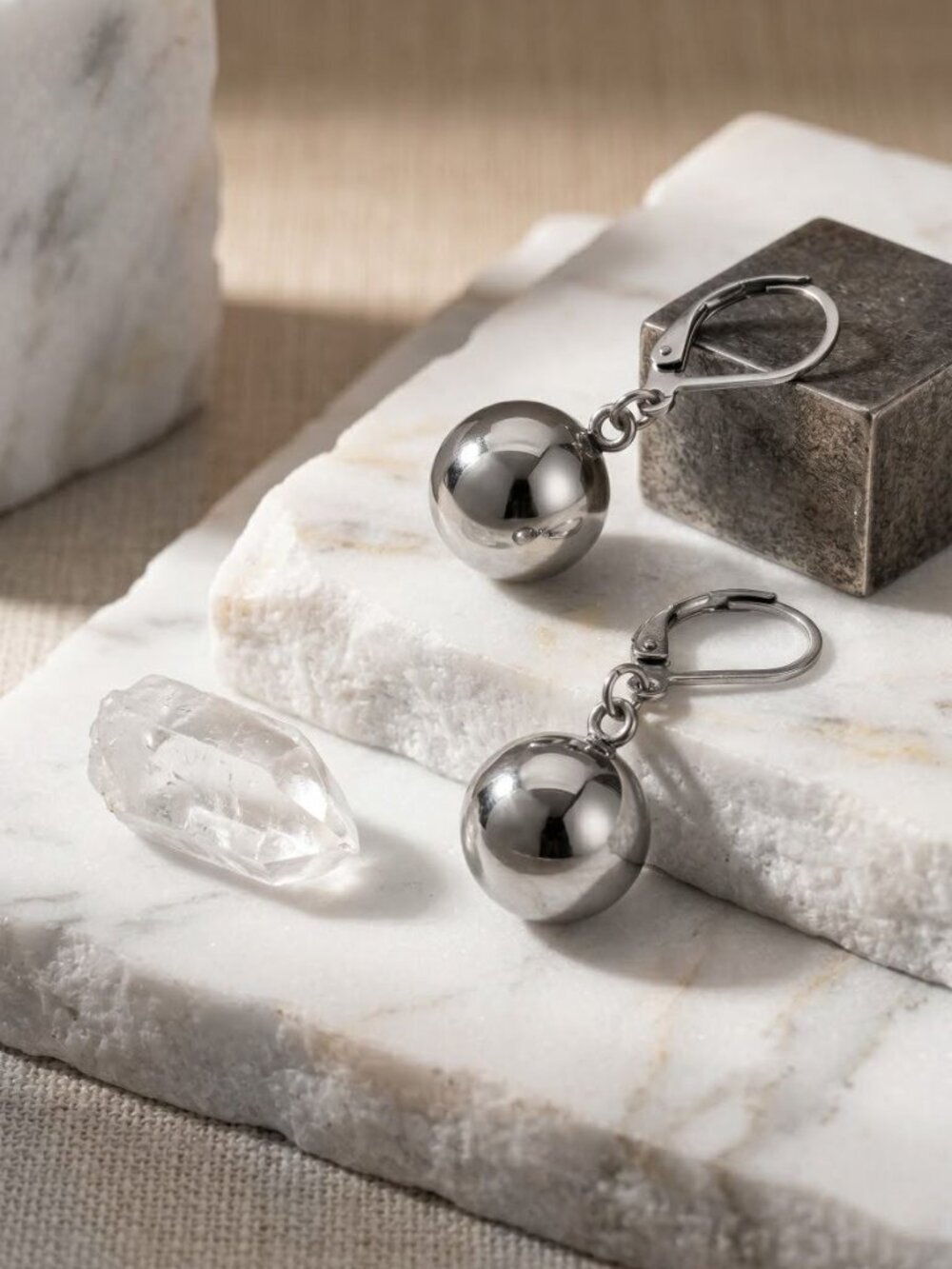 Polished Ball Drop Earrings Quiet Luxury Stainless Steel Silver Lever Back 1.2in